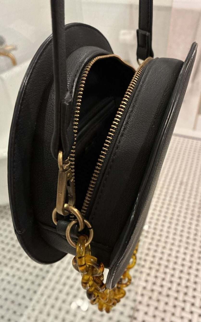 Anthropologie Black Round Crossbody Bag with Tortoiseshell Acrylic Chain Detail - Picture 5 of 6
